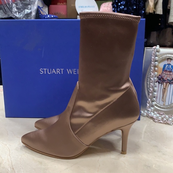 STUART WEITZMAN SATIN STRETCHY BOOTS IN OLD ROSE MADE IN SPAIN - Picture 7 of 11
